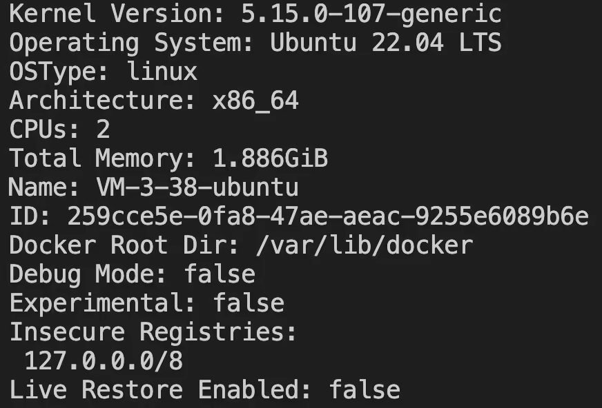 docker info 输出的内核版本、操作系统、CPU、内存和 Docker Root Dir