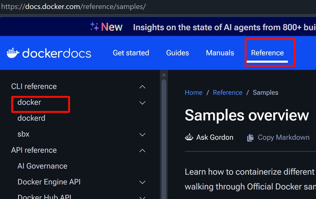 docker 文档站 Reference 下面的 CLI reference,命令都在这儿查