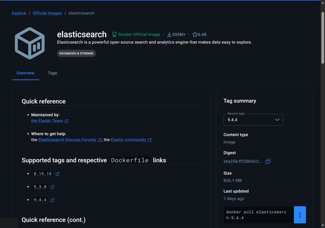 Docker Hub 上的 elasticsearch 官方镜像页，右边可以直接复制 docker pull 命令