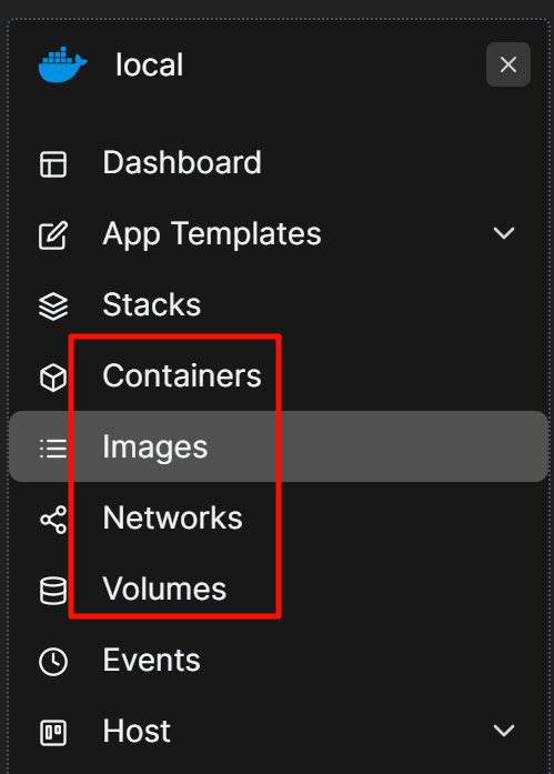 左边菜单里红框圈出来的 Containers、Images、Networks、Volumes