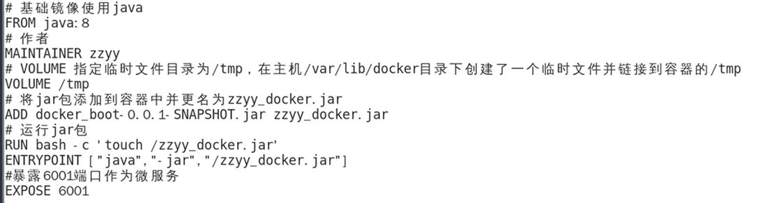 微服务的 Dockerfile:FROM java:8,VOLUME /tmp,ADD 改名 jar,ENTRYPOINT 启动,EXPOSE 6001