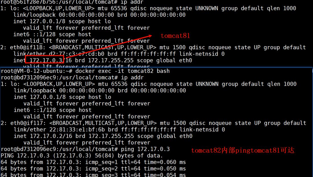 默认网络下,tomcat82 里直接 ping tomcat81 的 IP 172.17.0.3 是通的