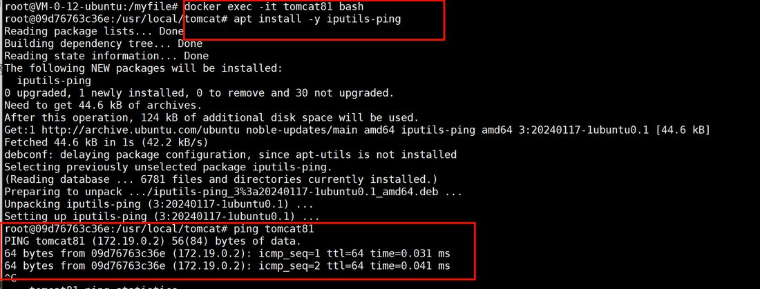 在 tomcat81 里装上 iputils-ping,ping 主机名 tomcat81 能解析成 172.19.0.2 并正常返回