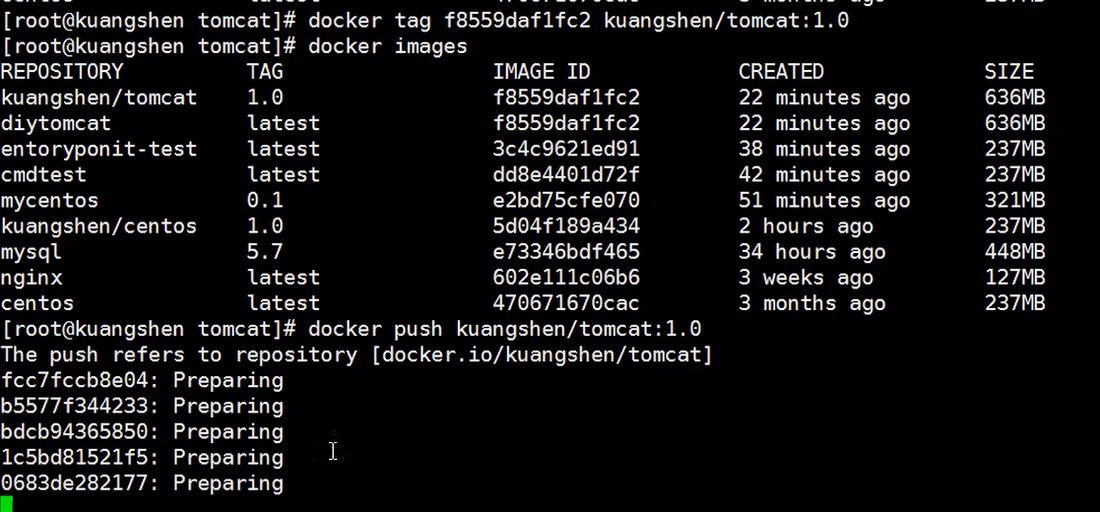 先 docker tag 换成 用户名/镜像名:1.0,再 docker push,推送时一层层 Preparing