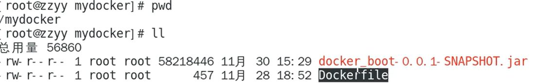 pwd 显示在 /mydocker，ll 里只有 docker_boot-0.0.1-SNAPSHOT.jar 和 Dockerfile