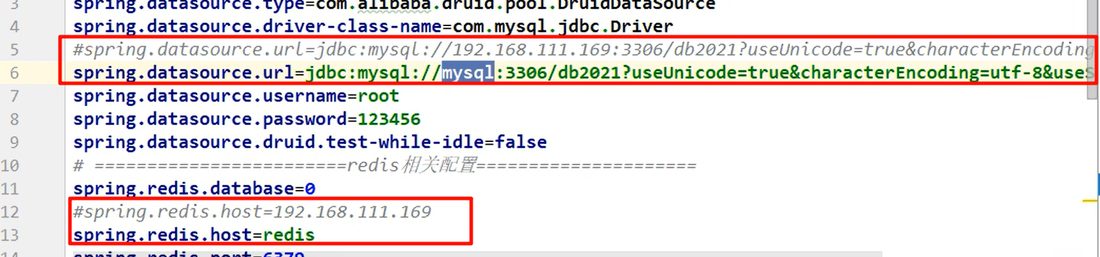 配置文件里把 jdbc 的 IP 改成 mysql、redis.host 改成 redis