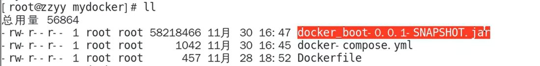 重新上传后 /mydocker 目录下的 docker_boot-0.0.1-SNAPSHOT.jar、docker-compose.yml 和 Dockerfile