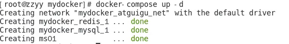 docker compose up -d 的输出：创建 mydocker_atguigu_net 网络，依次创建 redis、mysql、ms01 容器