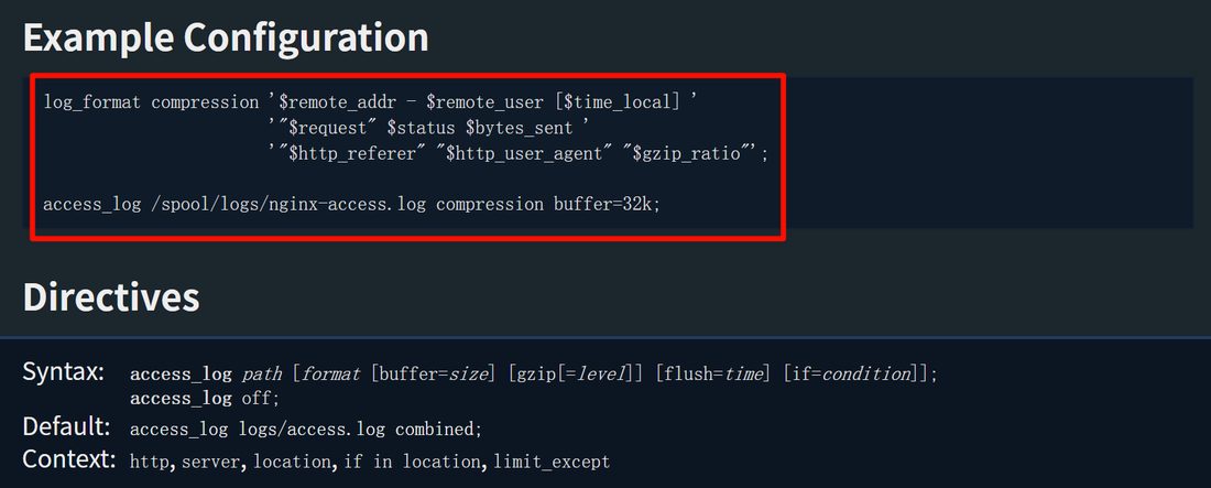 官方 Example Configuration,log_format 加 access_log buffer