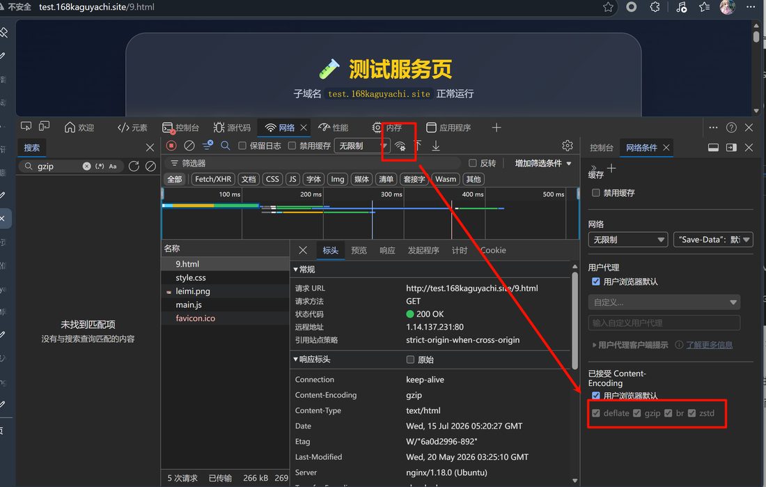测试服务页的控制台，红箭头从 wifi 图标指向右侧的“网络条件”面板，红框里是已接受的 Content-Encoding：deflate、gzip、br、zstd