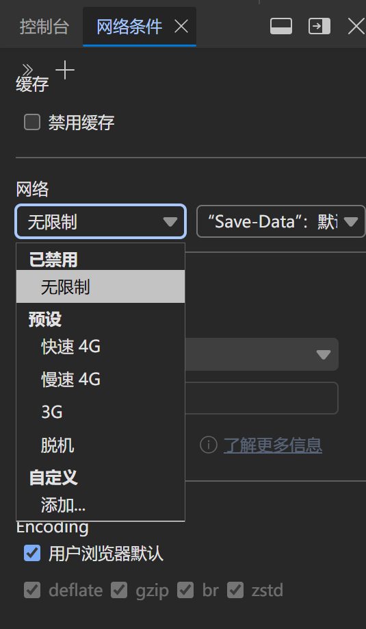 网络条件面板里的网络限速和 Content-Encoding 选项