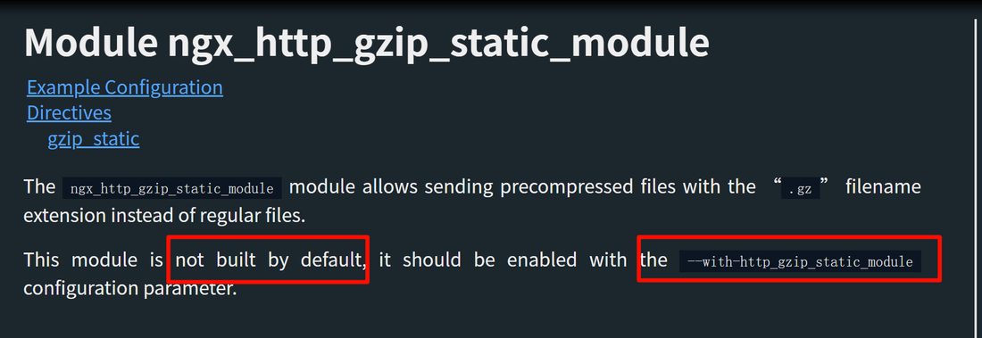 gzip_static 模块文档页的开头，红框标出 not built by default 和 --with-http_gzip_static_module 编译参数