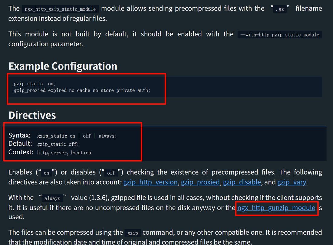 gzip_static 文档的 Example Configuration 和 Directives（Syntax、Default、Context），以及 always 说明里的 ngx_http_gunzip_module 链接