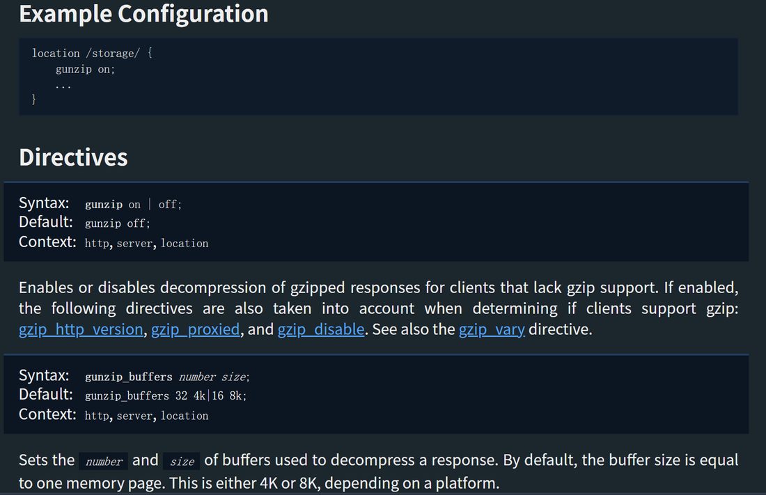 gunzip 模块文档的 Example Configuration，以及 gunzip、gunzip_buffers 的语法和默认值
