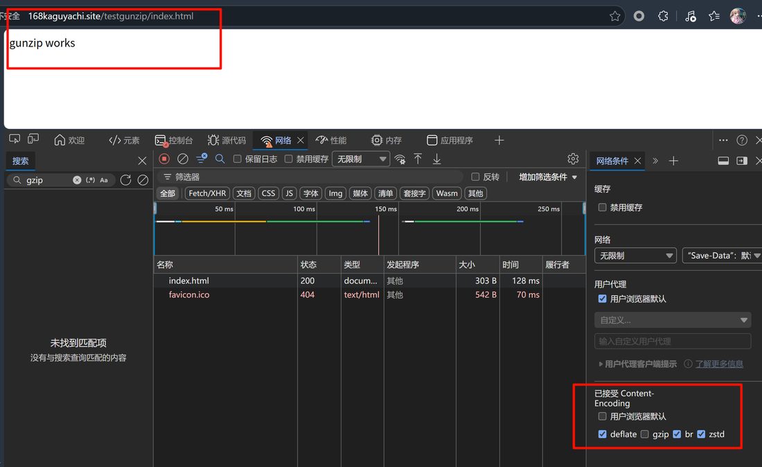 访问 testgunzip 页面，浏览器上显示 gunzip works