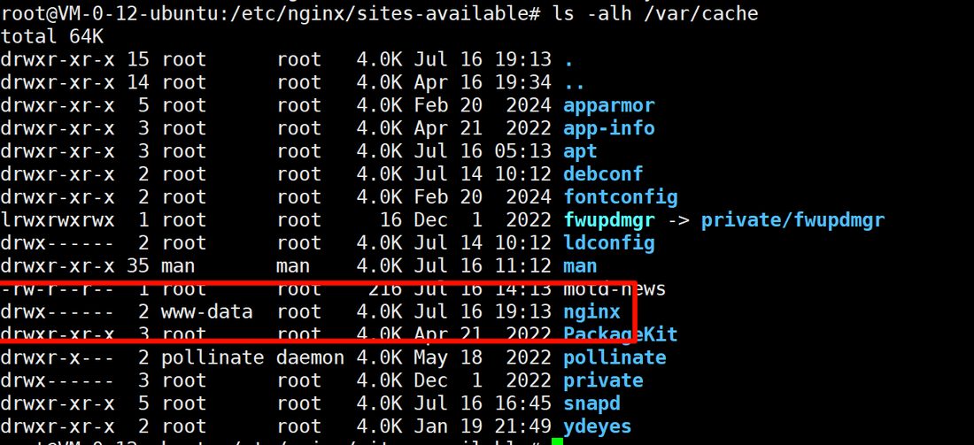 ls -alh /var/cache 里能看到 nginx 目录