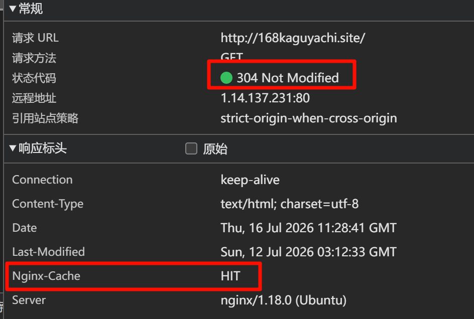 响应头里 Nginx-Cache 变成 HIT,状态码 304