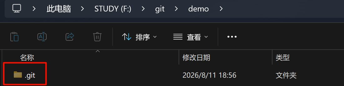 F 盘 demo 目录下多出来的 .git 隐藏文件夹，仓库信息全在里面