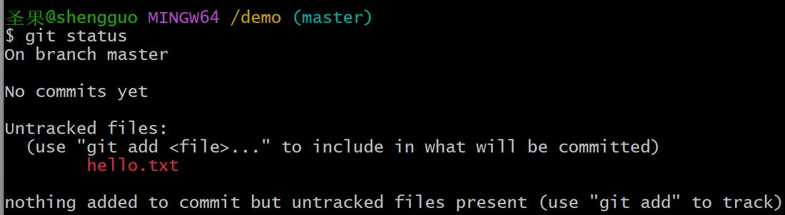 hello.txt 是红色的，被列在 Untracked files 里，说明 git 还没追踪它