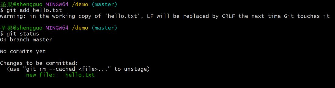 add 之后 hello.txt 变成绿色，跑到 Changes to be committed 下面