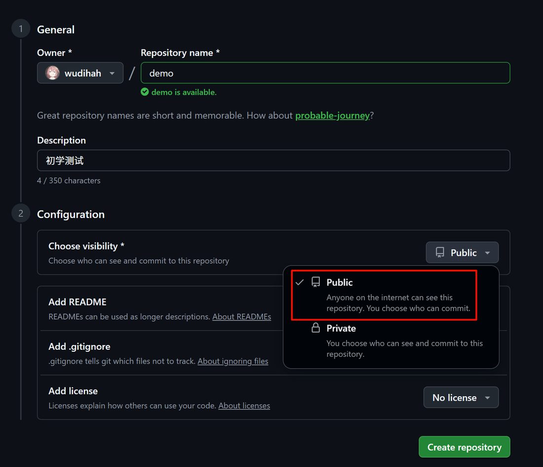 GitHub 新建仓库页面,填仓库名和描述,可见性选 Public
