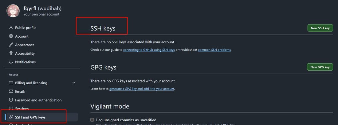 GitHub 账号设置里的 SSH and GPG keys,点 New SSH key 添加