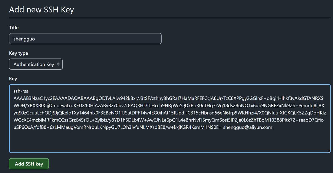 Add new SSH Key 页面,Title 写个名字,Key 里粘贴公钥全文
