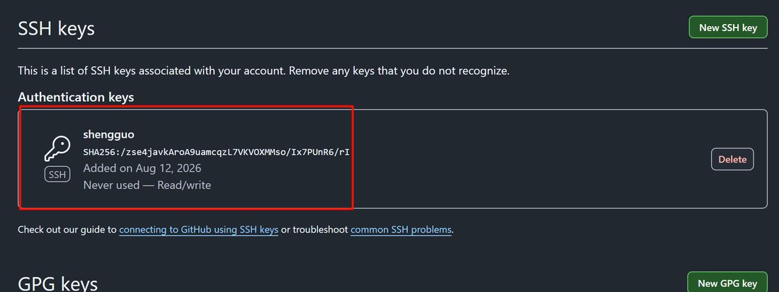 添加成功后 SSH keys 列表里出现了这把钥匙,还没用过所以显示 Never used