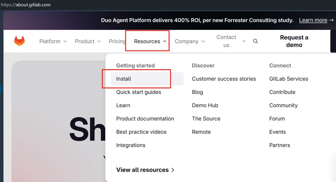 GitLab 官网 Resources 菜单里的 Install 入口