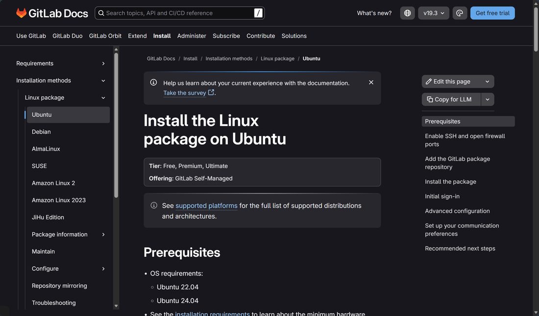 GitLab 官方文档的 Ubuntu 安装页,Requirements 和安装步骤都在左边栏