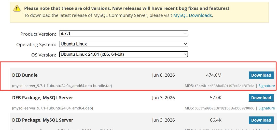 官网下载页选 9.7.1、Ubuntu、24.04,红框是 DEB Bundle 包
