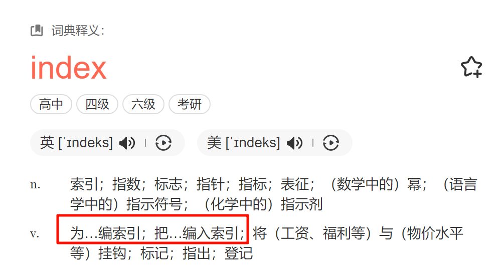 词典里 index 的释义：索引、指针，动词是