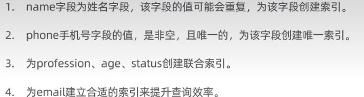 建索引的需求：name 建普通索引、phone 建唯一索引、profession+age+status 建联合索引、email 建合适索引