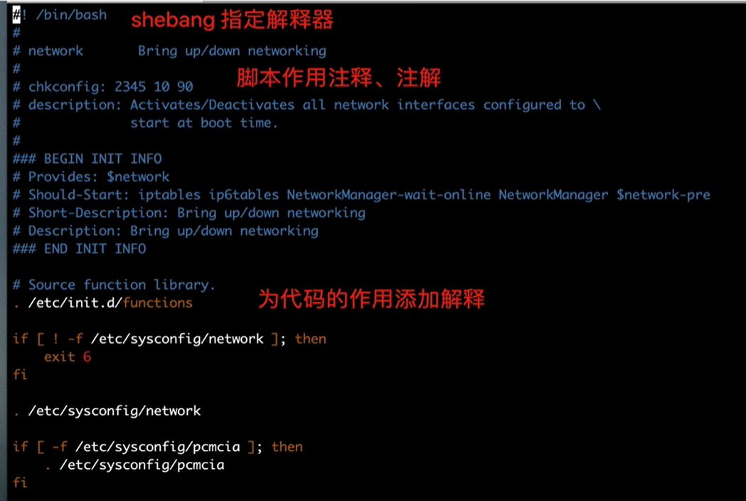 network 脚本里的注释:Shebang 指定解释器,开头一段注解说明脚本作用,代码前面再补注释