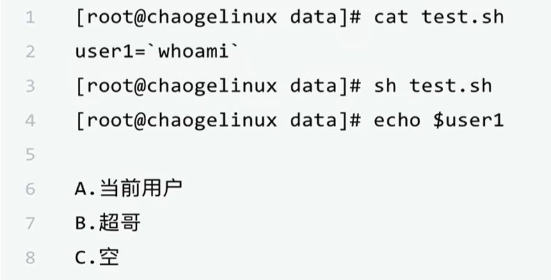 一道选择题:脚本里写 user1=`whoami`,用 sh 执行完再 echo $user1,结果是 A 当前用户、B 超哥、C 空