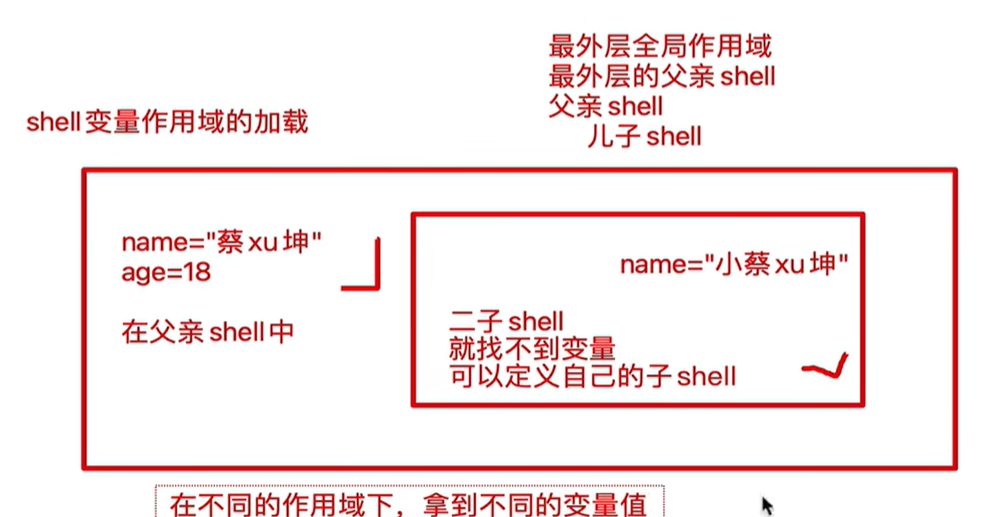 变量作用域:父 shell 里定义的 name、age 到了子 shell 就找不到了,子 shell 可以定义自己的变量