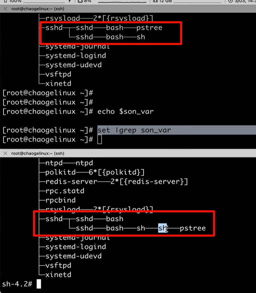 两个 ssh 窗口各自的 pstree,ssh 下面的 bash 才是父 shell,用 set | grep son_var 查不到对方窗口的变量