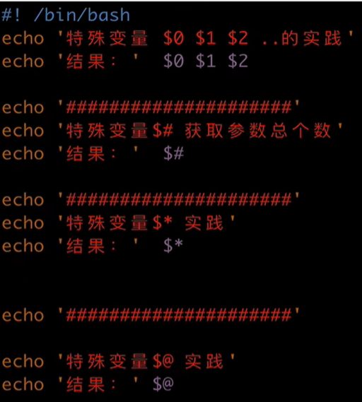 special_var.sh 的写法:分别 echo $0 $1 $2、$#、$*、$@,中间用 #### 分隔