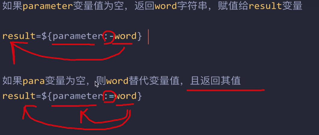 变量为空时返回 word 并赋值给 result:result=${parameter:-word};变量为空时用 word 替代变量值:result=${parameter:=word}
