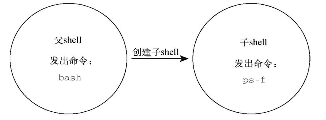 示意图:父 shell 发出 bash 命令,创建出子 shell,子 shell 里再执行 ps -f
