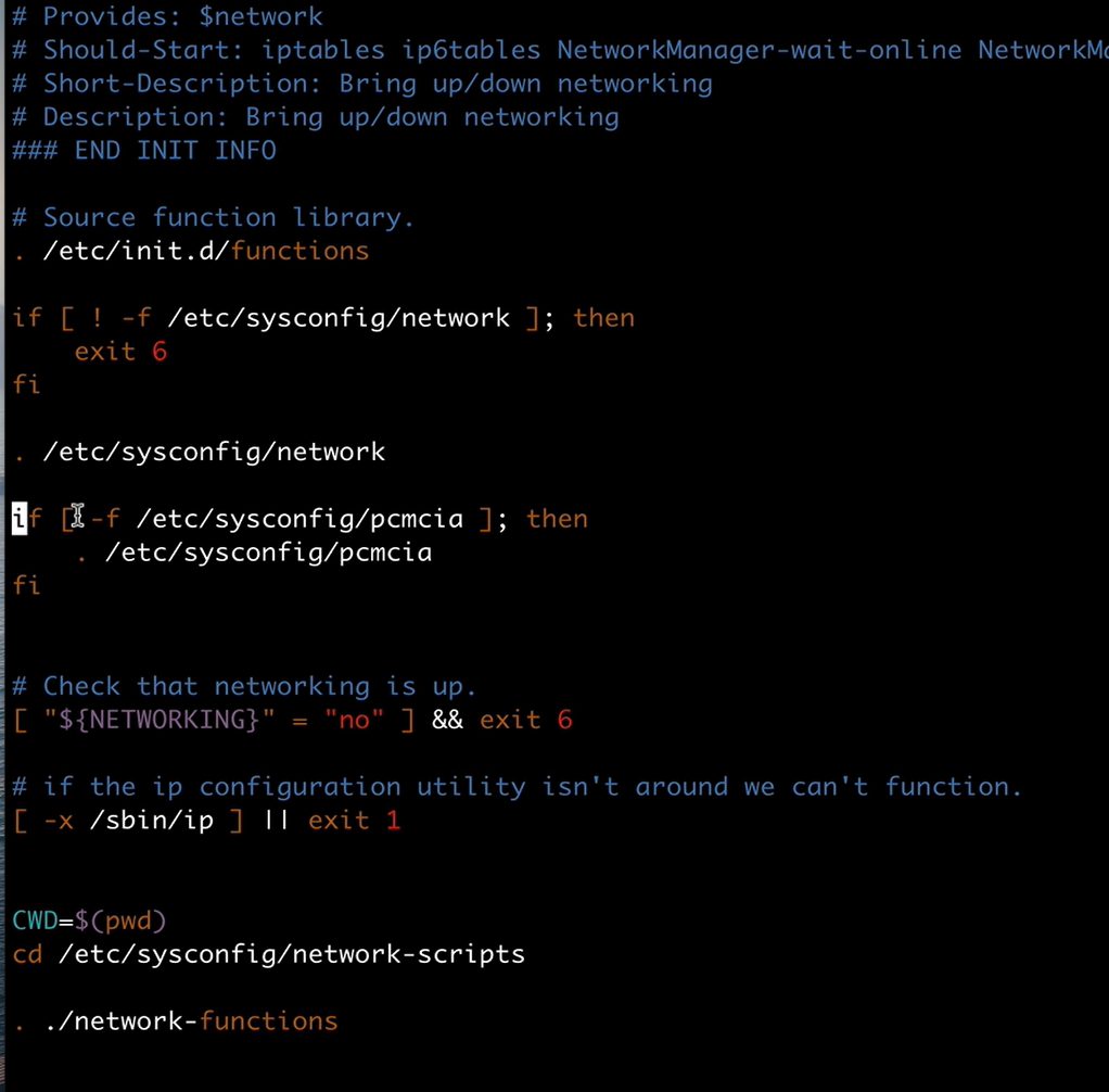 CentOS 的 /etc/init.d/network：source 函数库之后，一串 [] 做条件判断，中间还有 CWD=$(pwd) 和 cd /etc/sysconfig/network-scripts