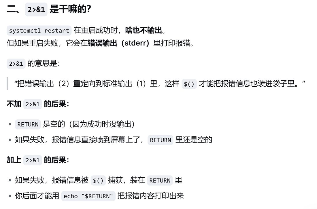 加了 2>&1 之后报错才能被 $() 装进变量里