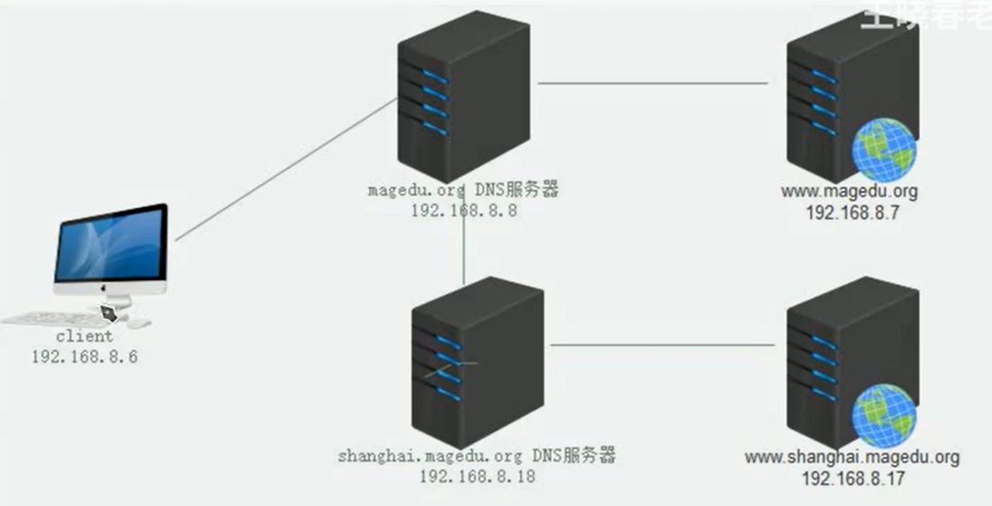 父子域实验的拓扑，client、父域 DNS、子域 DNS 和两台 web