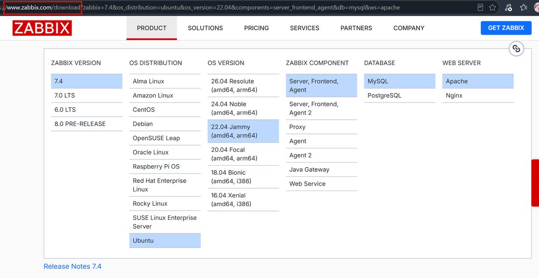 在官网下载页选 Zabbix 7.0 LTS + Ubuntu 22.04 + Server/Frontend/Agent + MySQL + Apache