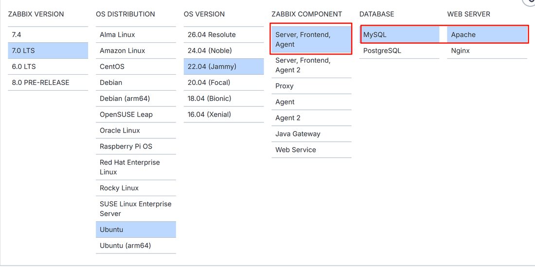 红框圈出来的就是主监控这台机器要选的：Server / Frontend / Agent + MySQL + Apache