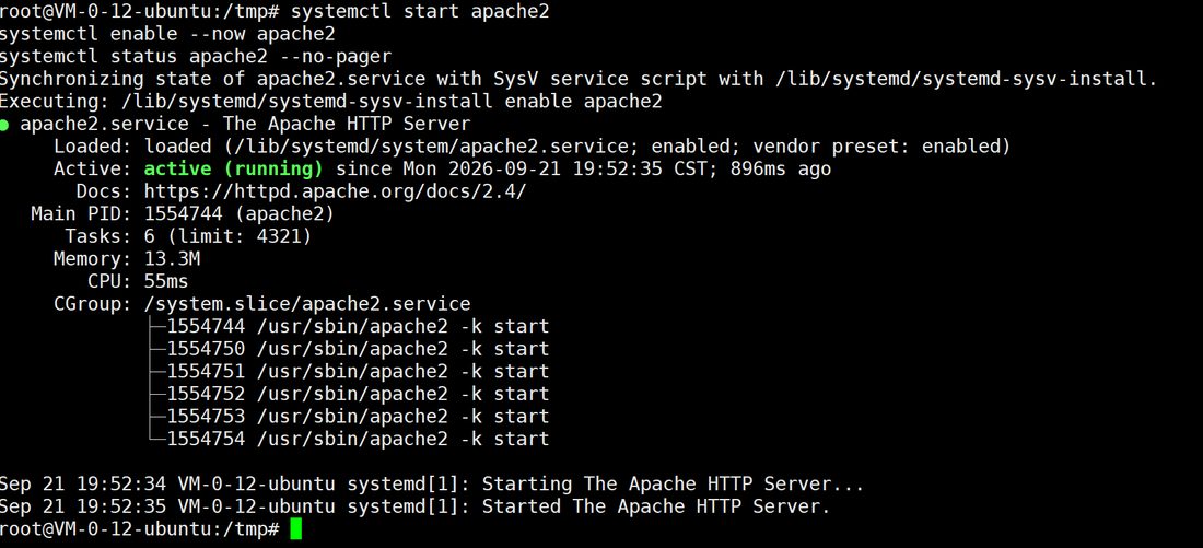 apache2 起起来了，active (running)，6 个子进程