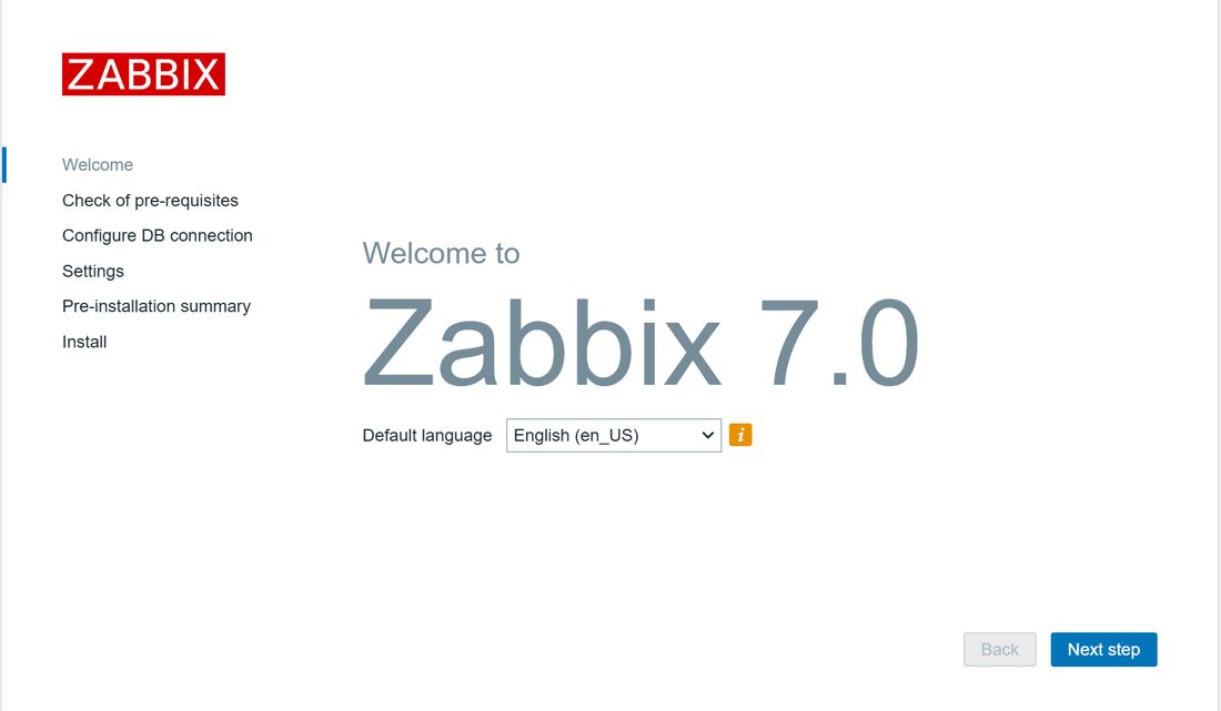 Zabbix 7.0 的安装向导首页，默认语言只有 English