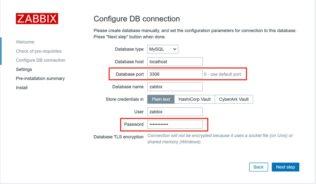 Configure DB connection：选 MySQL，填 localhost、3306、库名 zabbix、用户 zabbix 和密码