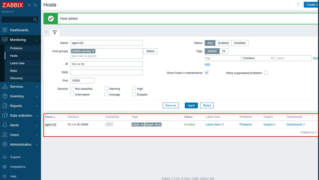 Host added,agent-02 的 Availability 显示 ZBX 绿色,说明 Server 已经能连上 Agent 了