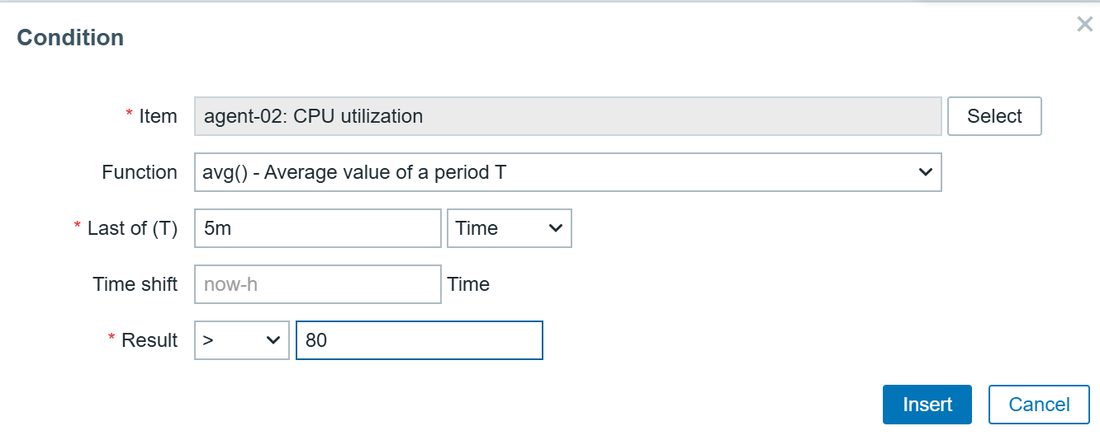 Condition 对话框:Item 选 agent-02 的 CPU utilization,Function 用 avg(),Last of (T) 填 5m,Result 大于 80
